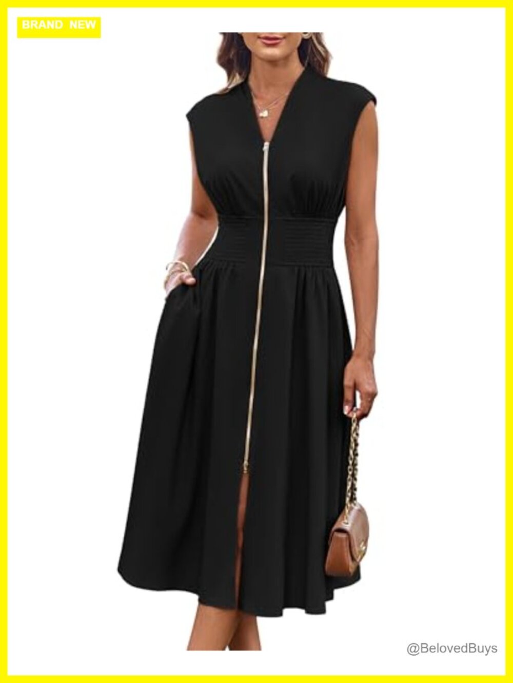 Casual Sleeveless Dress with Pockets Smocked Waist Zipper